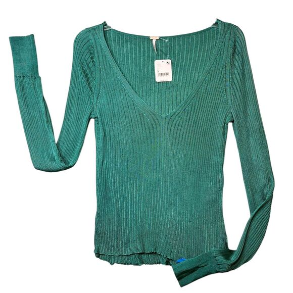 Free People Sweater Womens Small Green Ribbed V-Neck Long Sleeve Knit OB1361173 - Picture 12 of 13